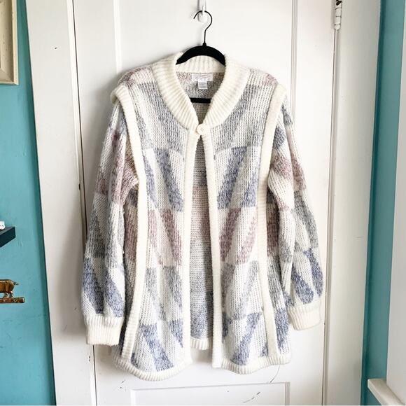 American Vintage Sweaters - Vintage Lauren Grey Acrylic Wool Blend Off White Knit Long Cardigan L Cottage